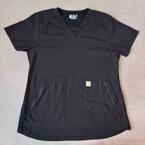 Carhartt Women Scrub Top Large Black Modern Fit Logo Short Sleeve Spandex